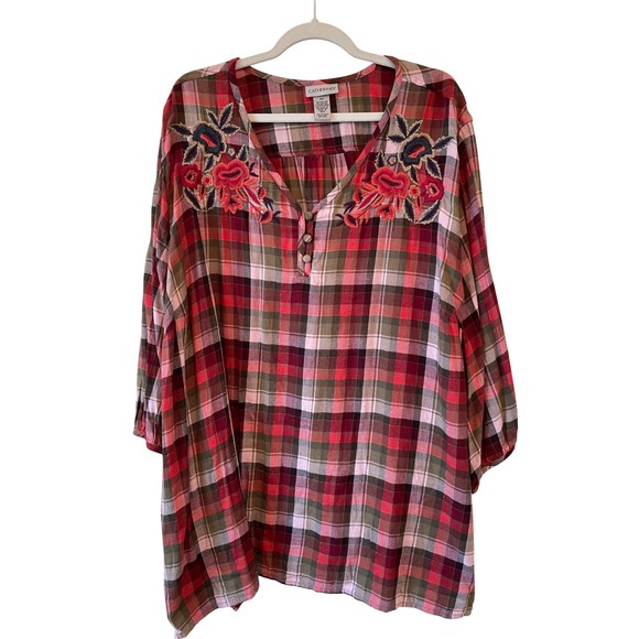 Catherines Womens 4X Embroidered Floral Plaid Tunic Top Red Olive Plaid Fall - Picture 1 of 7